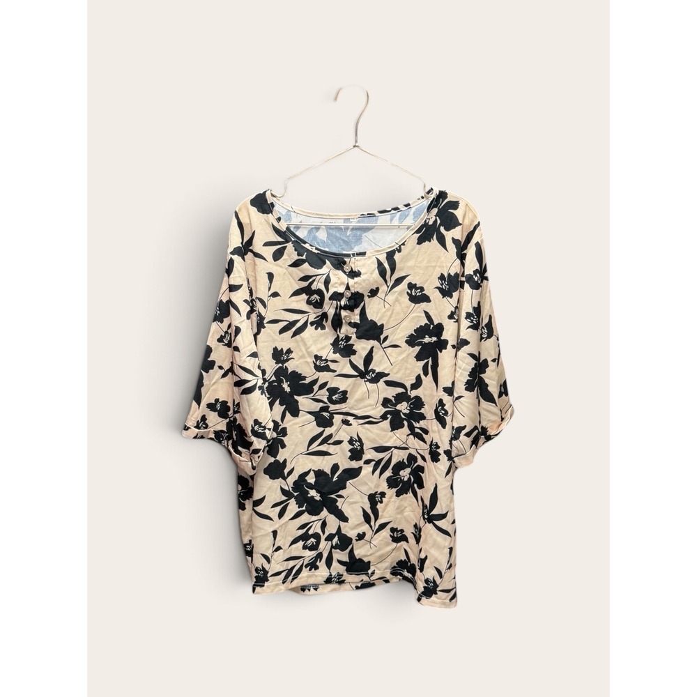 Floral Henley Blouse Cream Black Short Sleeve Cuffed Top XXL